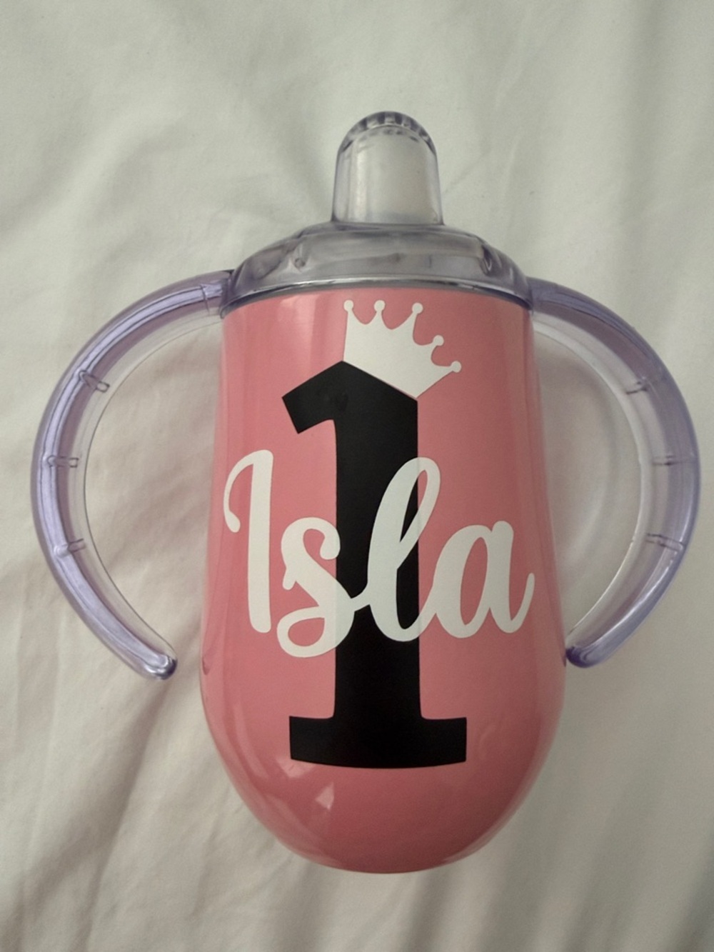 Personalized Pink "Isla" First Birthday Sippy Cup